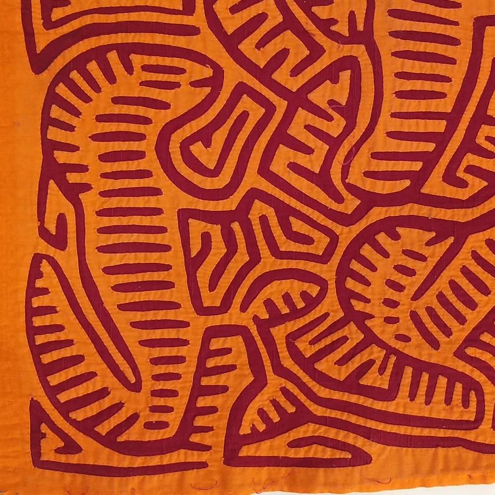 Escher Like Mola Orange & Red Abstract and Vibrant Hand Crafted Textile 15x19 - Picture 2 of 9